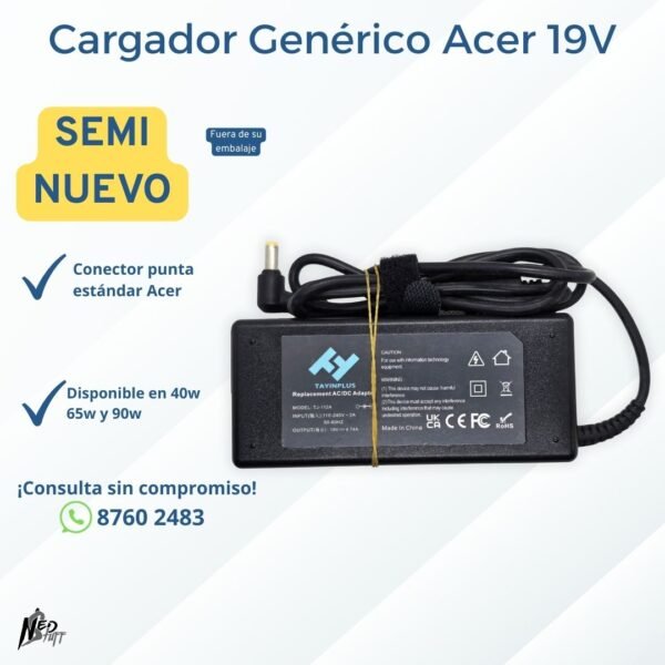 🟢 Cargador Genérico Acer 19V | ¡Elige tu Potencia 40W, 45W o 90W! | Grado A 🟢