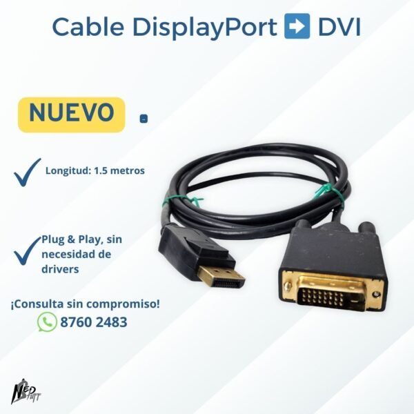 🖥️ Cable DisplayPort a DVI | 1.5m | ¡Conexión Digital y Rápida! | Grado A 🖥️