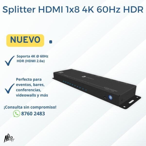 🎥 Splitter HDMI 1x8 Profesional | ¡4K @ 60Hz HDR a 8 Pantallas! | Grado A 🎥