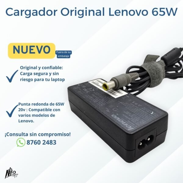 🛡️ Cargador Original Lenovo 65W  | 20V Punta Redonda | ¡Kit Completo! | Grado A 🛡️