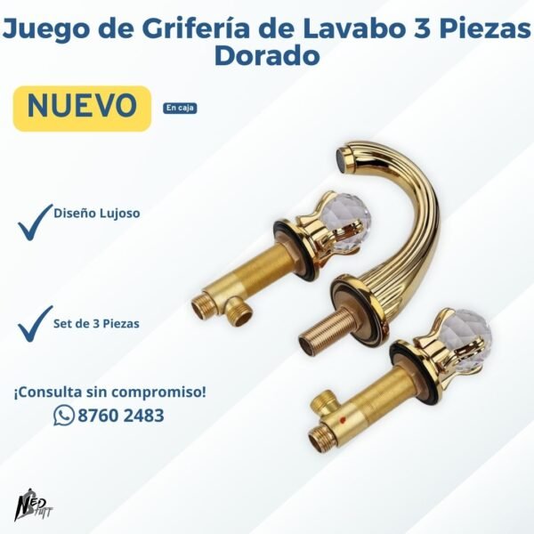 ✨ Juego de Grifería de Lavabo 3 Piezas Dorado | Manijas de Cristal | ¡Lujo Grado A! ✨