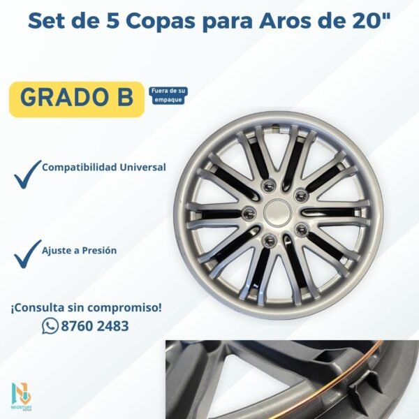 2 🏁 Set de 5 Copas para Aros de 20" | Estilo Deportivo Plata/Negro | Grado B 🚗