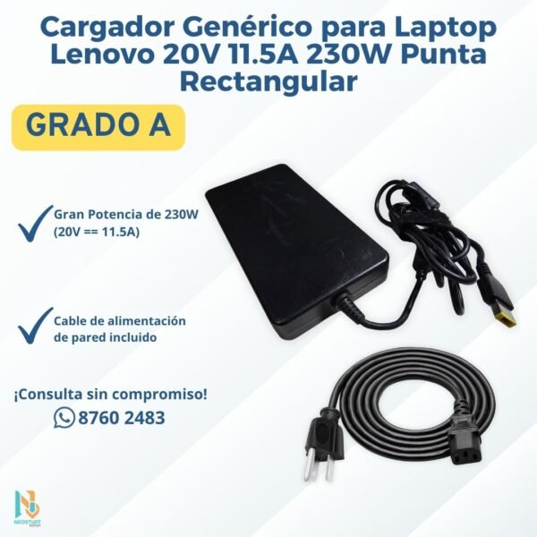 2 Cargador Genérico para Laptop Lenovo 20V 11.5A 230W Punta Rectangular