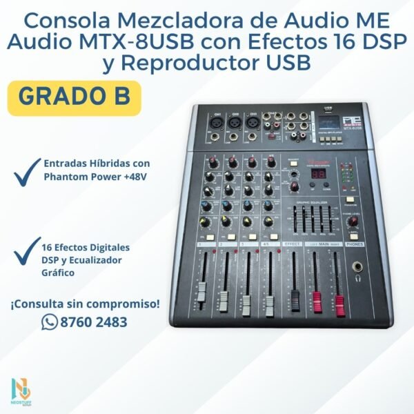 Consola Mezcladora de Audio ME Audio MTX-8USB con Efectos 16 DSP y Reproductor USB