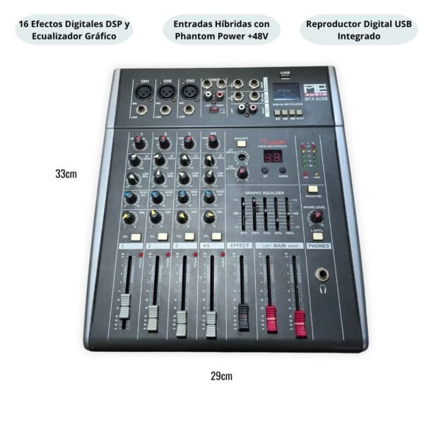 Consola Mezcladora de Audio ME Audio MTX-8USB con Efectos 16 DSP y Reproductor USB
