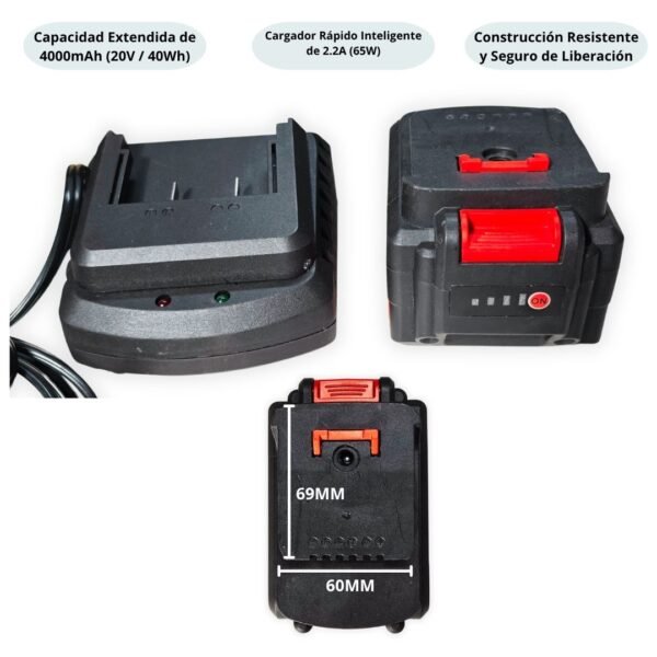 Batería de Litio 20V 4000mAh MZK ET-D1811 con Cargador Rápido 2.2A para Herramientas Inalámbricas